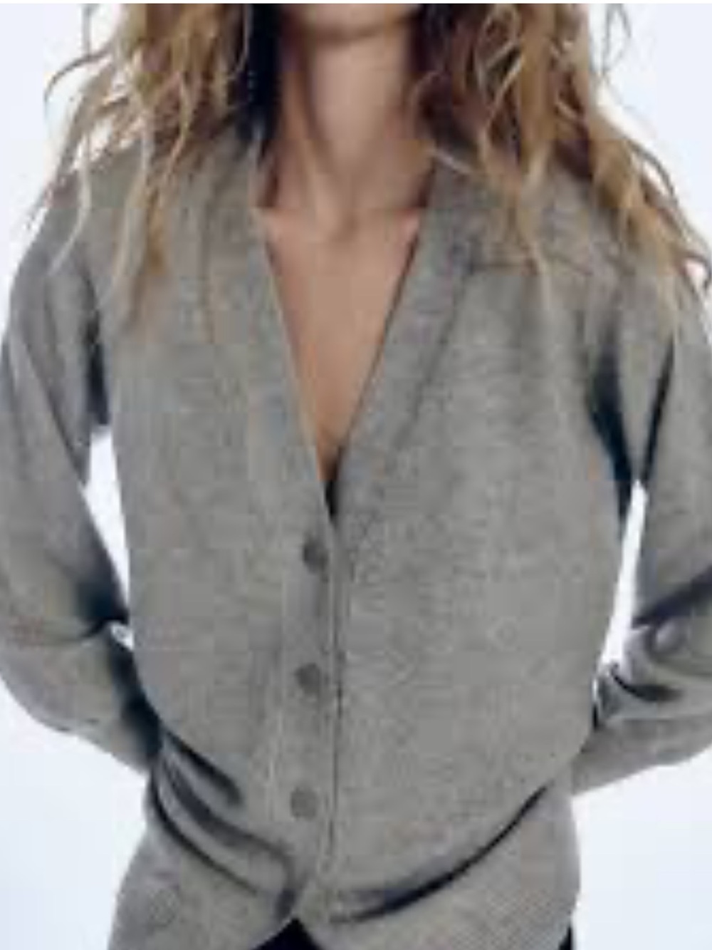 Zara Grey Wool Button-Front V-Neck Cardigan